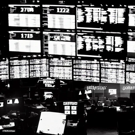 Prompt: stock market crash, traders panicking, red screens, wall st trading floor, black monday crash 1 9 8 7, cinematic lighting, epic composition