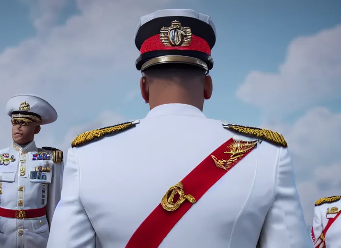 Image similar to proud general wearing a white naval general uniform, no medals, no epaulettes, his arms are behind his back, ultra realistic, 4 k, movie still, uhd, sharp, detailed, cinematic, render, modern