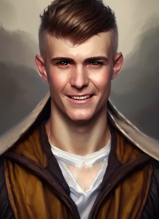 Image similar to a _ fantasy _ style _ portrait _ painting _ of white male short fringe light brown hair short face grinning clean shaven short head, rpg dnd oil _ painting _ unreal _ 5 _ daz. _ rpg _ portrait _ extremely _ detailed _ artgerm _ greg _ rutkowski _ greg