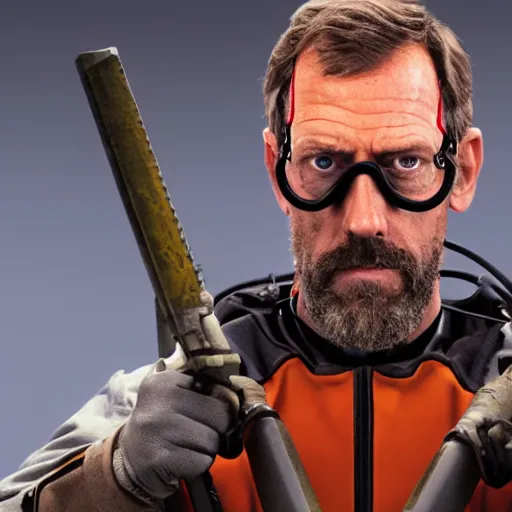 Prompt: Film still of Hugh Laurie dressed up as Gordon Freeman in an HEV Suit holding a crowbar for the Half Life Movie with a dark and foggy background, 4k resolution, 8k resolution, HD Quality, highly detailed, very detailed, detailed, studio quality lighting, digital art, trending on artstation, Dramatic, Dramatic Lighting, Dramatic Angle, Epic, film still