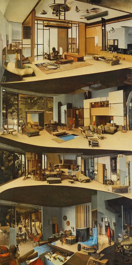 Prompt: mid century utopian dream house, hyper detailed, johannes vermeer