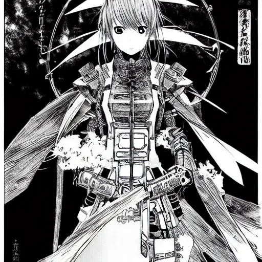 Image similar to a vertical portrait of a manga character in a scenic environment by nihei tsutomu, black and white, dreamy, steampunk armor, highly detailed