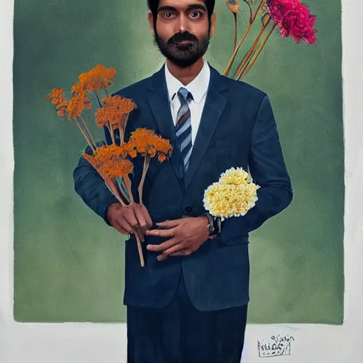 Image similar to indian guy standing and holding flowers, looking nostalgic, in love, dapper,full portrait, artwork by Cheng, Hsiao-Ron and Wes Anderson