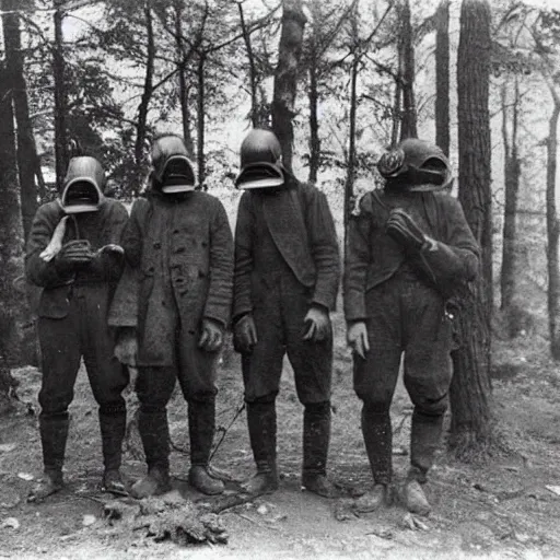Image similar to “ a group of men wearing gas masks in the forest, 1 9 0 0 ’ s photo ”