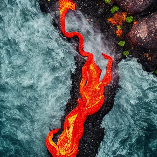 Prompt: candid photograph of a mythological dragon bathing in lava, cryptid, unexplained phenomena, drone photography, 8k