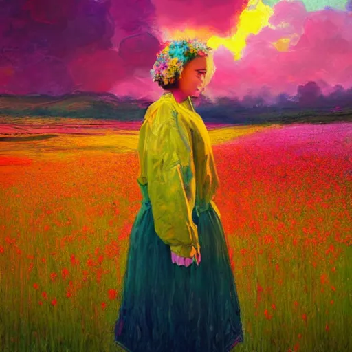 Prompt: girl with a blooming flower face, surreal photography, standing in flower field, in a valley, sunrise dramatic light, impressionistic painting, colorful clouds, artstation, simon stalenhag