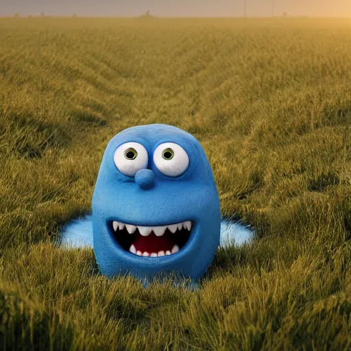 Prompt: a blue monster with its mouth open in the middle of a field, a 3 d render by mike winkelmann, trending on behance, funk art, behance hd, rendered in cinema 4 d, rendered in maya