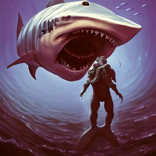 Image similar to beautiful painting of a white armored sharkman exploring the bottom of the ocean in the style of Simon Stålenhag and H. R. Giger, detailed, trending on Artstation