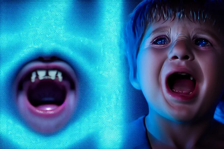 Image similar to a large blue and white hologram of a screaming child's face, photography by fred palacio medium full shot still from bladerunner 2 0 4 9, sci fi, bladerunner, canon eos r 3, f / 3, iso 2 0 0, 1 / 1 6 0 s, 8 k, raw, unedited