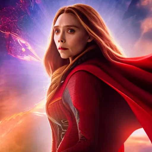 Image similar to A portrait of elizabeth olsen as scarlet witch from the movie doctor strange 2, cinematic, 8k