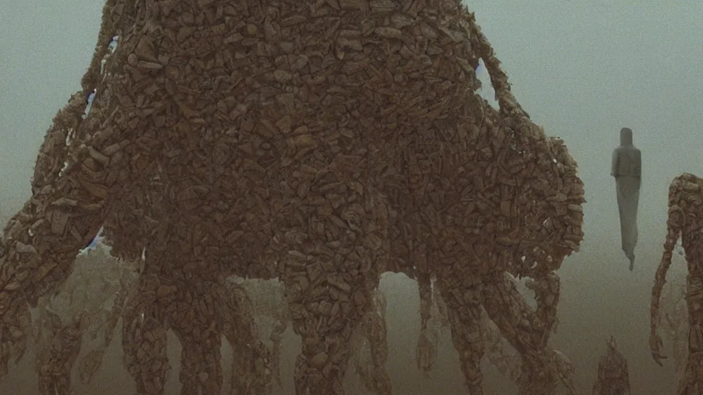 Prompt: we talk to the giant insect in our home, he is not happy, film still from the movie directed by Denis Villeneuve with art direction by Zdzisław Beksiński, wide lens