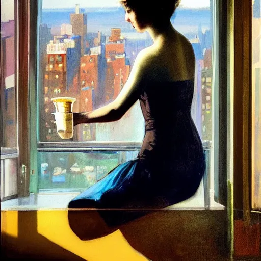 Image similar to “ a girl holding a cup of coffee looking out a window overlooking the east village in new york city, morning light, by rolf armstrong ”