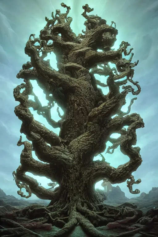 Prompt: octane renderer image of Yggdrasil the tree of life by Mike Mignola, trending on artstation, depth of field, subsurface scattering