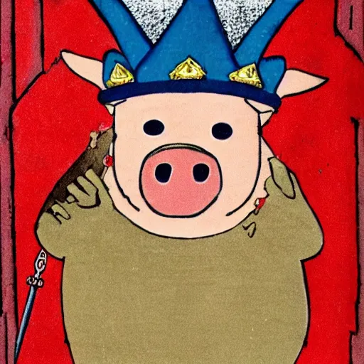 Prompt: a humanoid pig in red king robes wearing a crown holding a blue axe