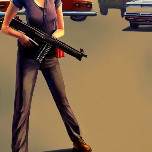 Prompt: emma stone in gta v holding an ak - 4 7, cover art by stephen bliss, artstation, no text