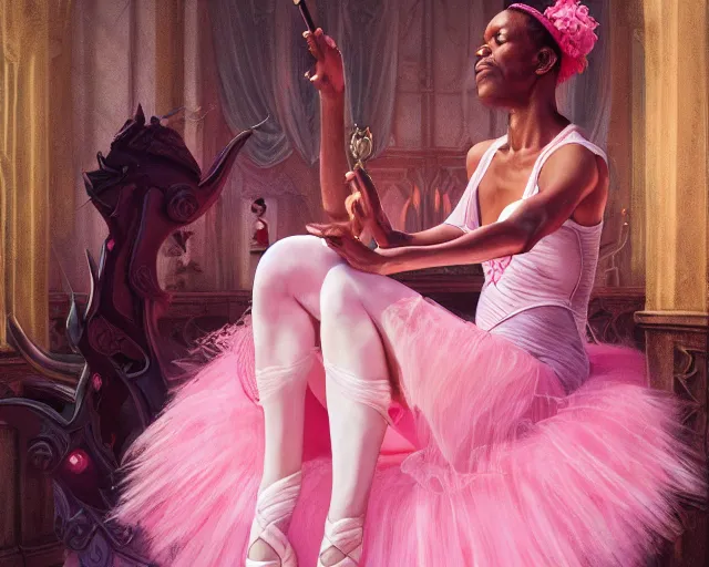 Image similar to photography of samuel l jackson in a pink ballerina outfit, deep focus, d & d and mtg, fantasy, intricate, elegant, highly detailed, digital painting, artstation, concept art, matte, sharp focus, illustration, hearthstone, art by artgerm and greg rutkowski and alphonse mucha