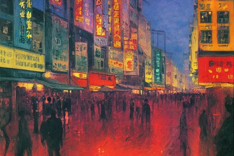 Prompt: dream festival, revelers playing games and shopping at a night market, low angle view from a city street lined with shops and apartments, glowing street signs, city like hong kong, tokyo, barcelona, oil painting by edvard munch, beksinski