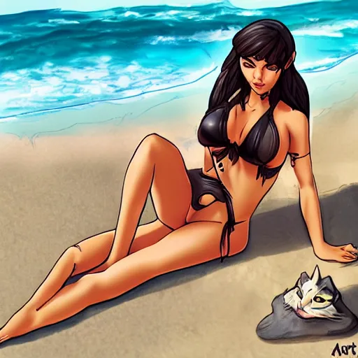 Image similar to khajit from skyrim in a bikini on the beach drawn by artgerm