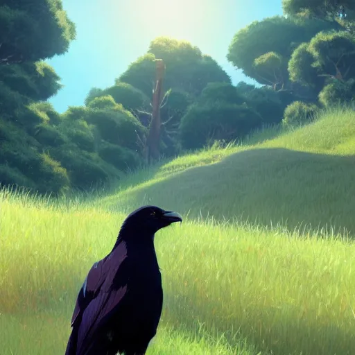 Image similar to a wholesome animation key shot of a crow on a hill, simetrical medium shot, studio ghibli, pixar and disney animation, sharp, rendered in unreal engine 5, anime key art by greg rutkowski, bloom, dramatic lighting