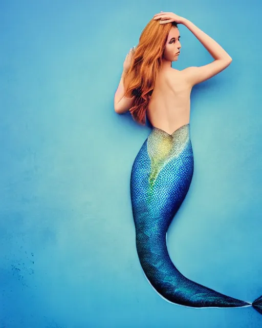 Image similar to hyper realistic fashion photography of a beautiful mermaid with a beautiful blue tail