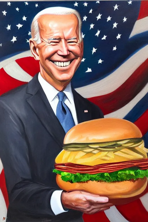 Prompt: oil painting, portrait of president biden, smiling, holding a giant burger, us flag, futurist style