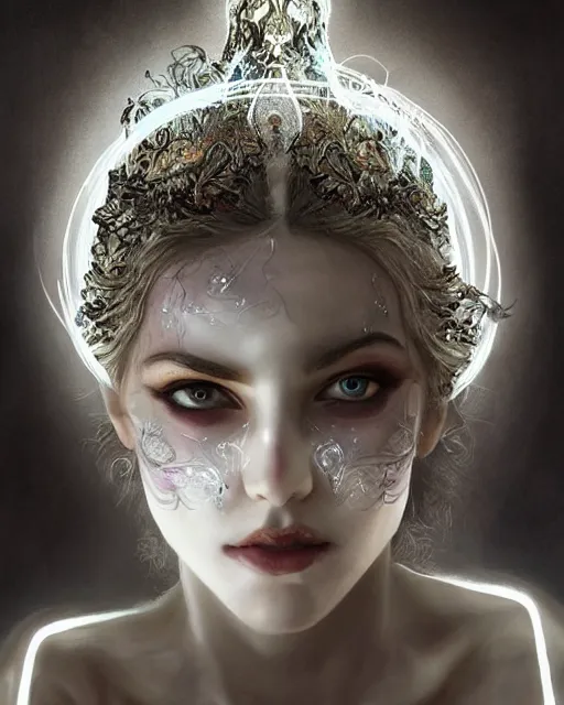 Image similar to lightpainting, diffuse lighting, fantasy, intricate wiccan facial lightpainting, elegant light, highly detailed, lifelike, photorealistic, digital painting, artstation, concept art, smooth, sharp focus, art by john collier, albert aublet, krenz cushart, artem demura, michael bosanko