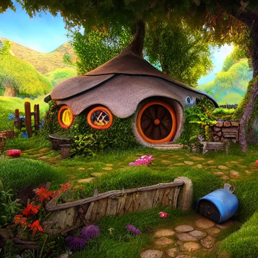 Prompt: village, hobbit house, mushroom house, 3 d render, illustrated, incredible details, highly detailed, colorful, photorealistic, disney pixar, octane render, iridescent, anime, 8 k