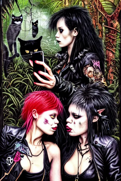 Image similar to punk rock girls kissing and making selfie with black cats in jungle , 1980 style by by Ayami Kojima, mad max jacket, post apocalyptic, Cyberpunk, renaissance, Gothic, mystic, highly detailed, digital painting, 4k, fog, oil painting by Leonardo Da Vinci, hyper realistic style, fantasy by Olga Fedorova