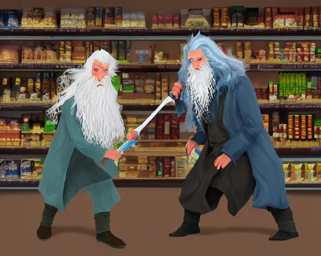 Image similar to Gandalf fighting Dumbeldore in grocery store, highly detailed, digital art, trending on artstation