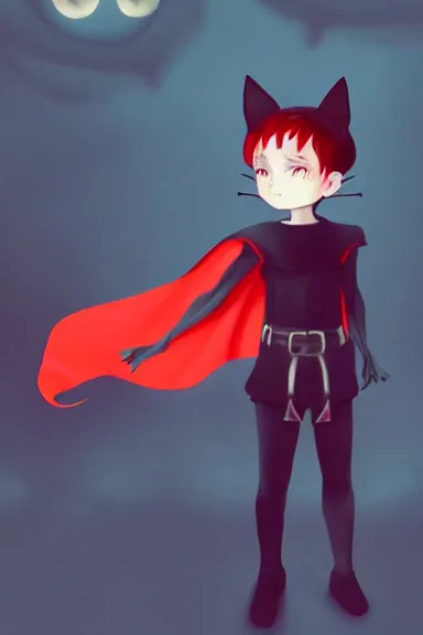 Prompt: little boy with cat ears in an black outfit with red cape. digital artwork made by lois van baarle and kentaro miura, sharpness focus, inspired by hirohiko araki and film noir, anatomically correct, heroic composition, hero pose, smooth
