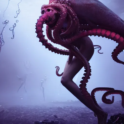 Image similar to beautiful, terrifying, demonic, full body female, with the body of a goddess, with parasitic tentacles crawling up her, in a underwater horror scene, photo realistic, dramatic cinematic lighting, octane render, 4k, ultra detailed,