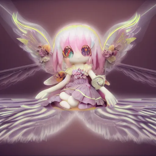 Image similar to cute fumo plush of a divine angel, gothic maiden, ribbons and flowers, ruffled wings, feathers raining, particle simulation, clouds, vray, outline glow lens flare burning sun