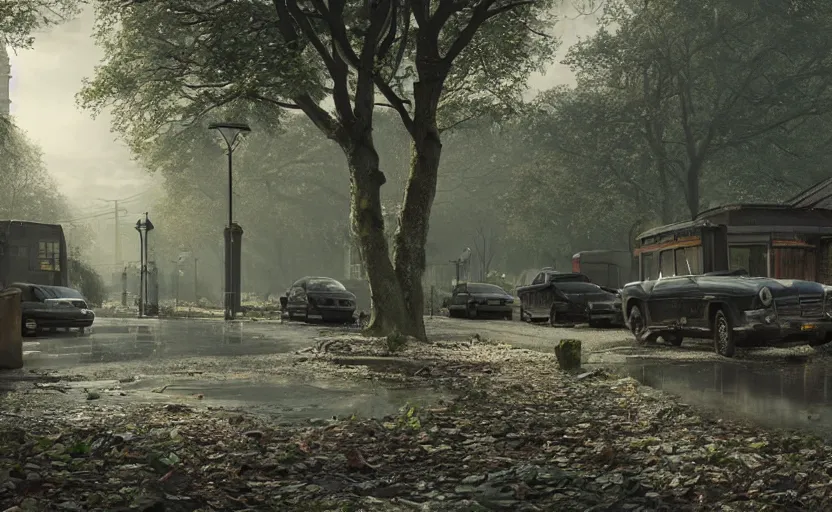 Prompt: london reclaimed by nature, a photorealistic painting by gregory crewdson, cgsociety, playstation 5 screenshot, matte painting, cryengine