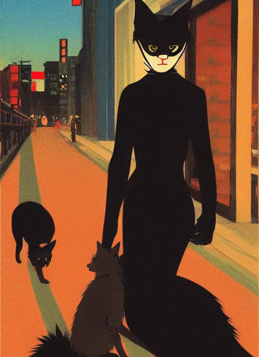 Image similar to woman with cat ears riding a black wolf on the night street of Tokyo by Edward Hopper and James Gilleard, highly detailed