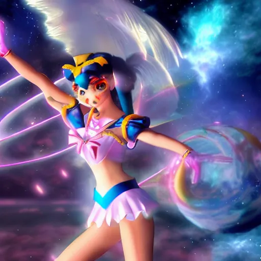 Prompt: super sailor moon vs absolute evil extreme details volumetric lighting epic dramatic realistic unreal engine render