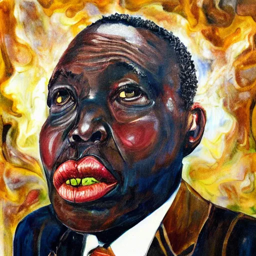 Prompt: a painting of a fatherly wide forehead, round face, XXL , loving, caring, generous, ever-present, humble, wise elder from Kenya in a suit by Wangechi Mutu . Fatherly/daddy, focused, loving, leader, relaxed, ethereal blue heavenly lights, details from behind, smooth, sharp focus, illustration, realistic, cinematic, artstation, award winning, rgb , unreal engine, octane render, cinematic light, macro, depth of field, blur, red light and clouds from the back, highly detailed epic cinematic concept art CG render made in Maya, Blender and Photoshop, octane render, excellent composition, dynamic dramatic cinematic lighting, aesthetic, very inspirational, arthouse.