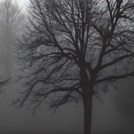 Prompt: two crows staring at you ominously, spooky background with dark trees in the fog