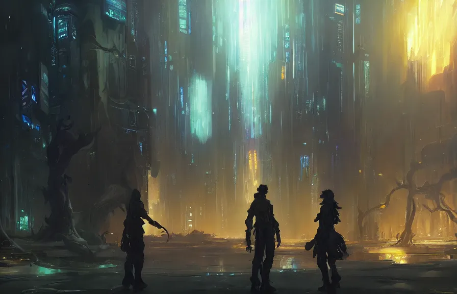 Image similar to greg manchess concept art of a the cyberpunk elderwood dimension, key visual, ambient lighting, highly detailed, digital painting, artstation, concept art, sharp focus, by makoto shinkai and akihiko yoshida and hidari and wlop and greg rutkowski