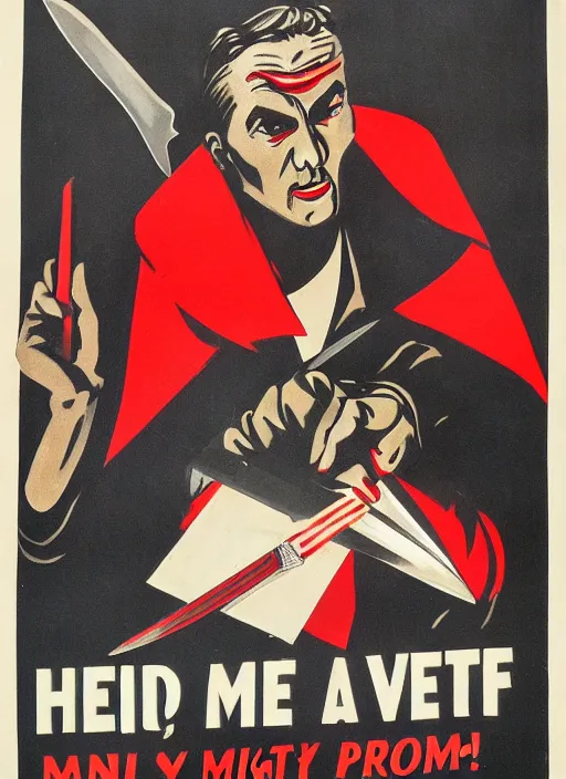 Image similar to man in hood and red eyes with a knife, 1940s propaganda poster, full hd,highly detailed