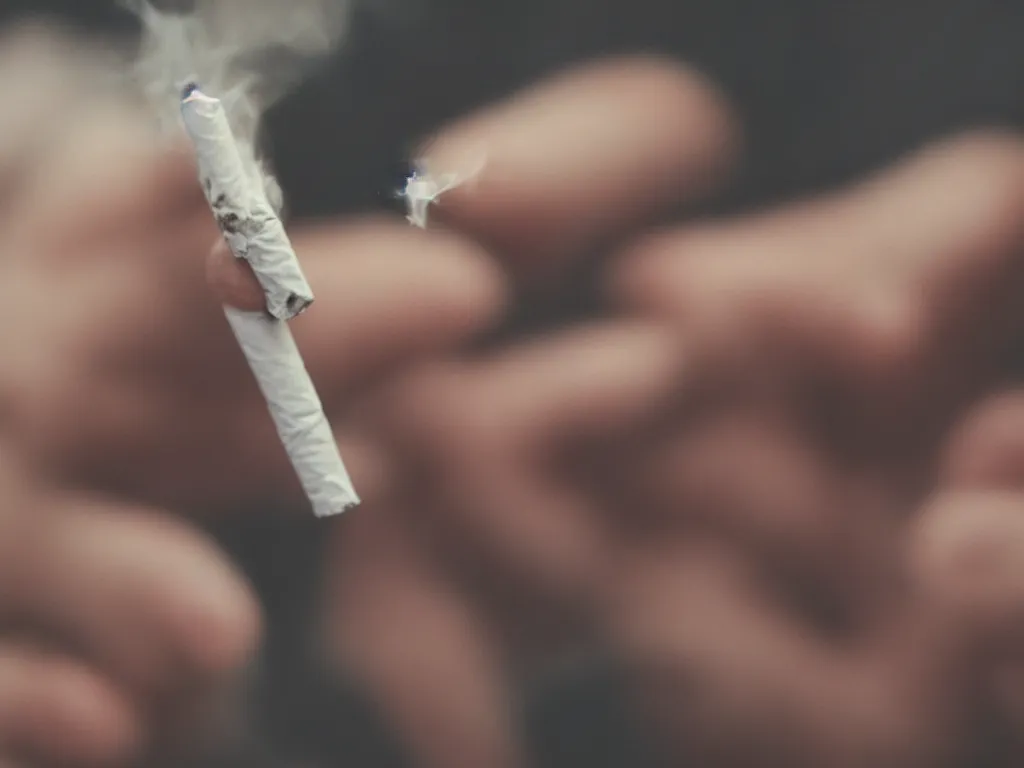 Prompt: Close-up view of hyperrealistic thin soft hand holding cigarette with smoke, hyper realistic photo