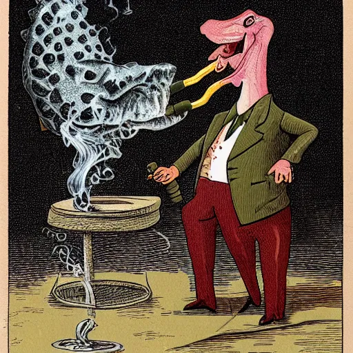 Image similar to a crocodile wearing smoking a cigar