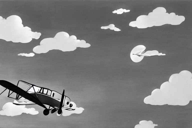 Image similar to black and white cat flying biplane over a tropical archipelago, morning sunrise, clouds, beautiful, studio ghibli, art by hayao miyazaki, makoto shinkai