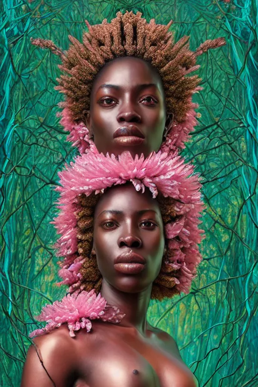 Image similar to hyperrealistic post - baroque masterpiece super expressive! yoruba goddess with pink exoskeleton armor, merging with tree in a forest, highly detailed digital art cinematic, smooth cam de leon eric zener dramatic pearlescent soft teal light, ground angle hd 8 k, sharp focus