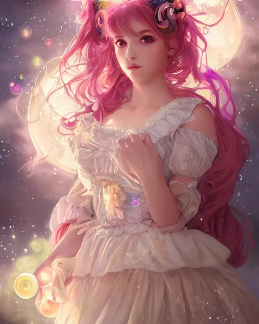 Image similar to portrait of magical lolita girl, dreamy and ethereal, expressive pose, big gold eyes, exciting expression, fantasy, intricate, elegant, many rainbow bubbles, rose tones, highly detailed, anime, artstation, concept art, cyberpunk wearing, smooth, sharp focus, illustration, art by artgerm and greg rutkowskiand alphonse mucha