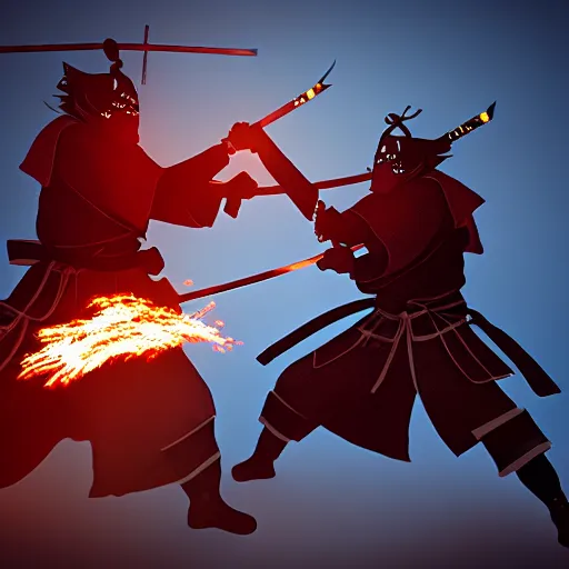 Image similar to Two samurais with flaming swords fighting, 8k, concept art, elegant, cinematic lighting,