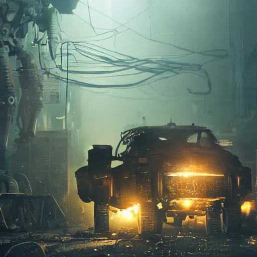 Prompt: mecha made from car parts, dark messy smoke - filled cluttered workshop, dark, dramatic lighting, orange tint, cinematic, highly detailed, sci - fi, futuristic, movie still from blade runner