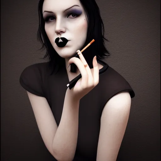 Prompt: a dignified young pale goth lady smoking a cigarette, photorealistic, sublime, 16k, smooth, sharp focus, cgsociety, trending on ArtStation, volumetric lighting