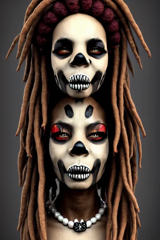 Image similar to a voodoo priestess with dreadlocks and a skull mask, a character portrait by Candido Bido, featured on zbrush central, afrofuturism, freakshow, antichrist, macabre, 8k, extremely highly detailed digital painting, creepy, powerful, haitian