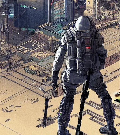 Image similar to a cyberpunk soldier with tactical gear and a rifle patrols a Japanese city on mars, Industrial Scifi, detailed illustration, character portrait, by Martin Grip and Moebius