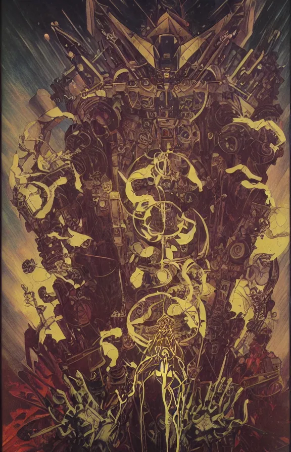 Image similar to occultist scientists doing blood sacrifices to summon extradimensional gundam, occult giant robot power armor etched with glowing magical runes by m. c. escher, beeple, greg rutkowski and alphonse mucha. 8 k hd resolution, chihuly